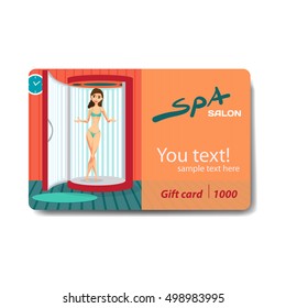 Young woman tanning in vertical solarium. Sale discount gift card. Branding design for spa salon or beauty parlor