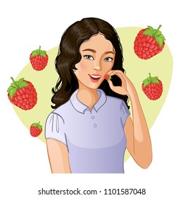 Young woman tastes a raspberry, vector image, eps10