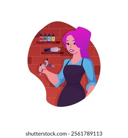 Young woman tattoo artist with needle machine in hand. Professional tattooist with purple hair and lips, tubes of paint on shelf. Ink art master. Vector cartoon character isolated in decorative frame