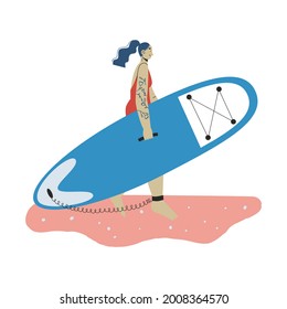 A young woman with tattoo carring sup board. Surf woman. Sup boarding outdoor activity. Flat vector illustration.