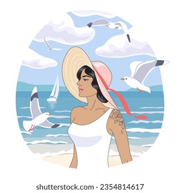 Young woman with tattoo on shoulder walking on the beach. Brunette in hat and white swimsuit enjoys the sea coast. Serenity landscape with small waves and flying seagulls. Vector illustration. 