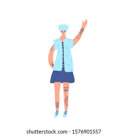Young woman with a lot of tattoss isolated on white background. Pretty girl standing and waving her hand. smiling lady  with blue short hair. Vector color illustration.