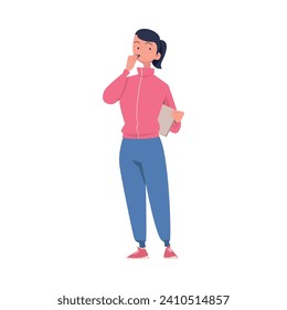 Young Woman Teacher Character in Sportswear Standing with Whistle and Teaching Sport Education Vector Illustration