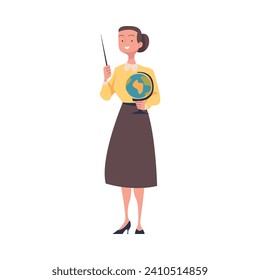 Young Woman Teacher Character Standing with Pointer and Globe Teaching Vector Illustration