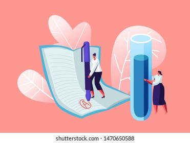 Young Woman Teacher of Chemistry Holding Huge Flask for Class Experiences on Lesson. Tutor Put Excellent Mark on Notebook Page. Back to School Studying Education. Cartoon Flat Vector Illustration