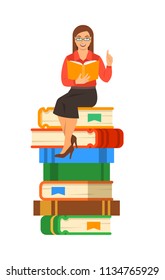 Young woman teacher reads open book sitting on stack of giant books. School education concept. Vector cartoon illustration. Clever expert shares knowledge. Isolated on white