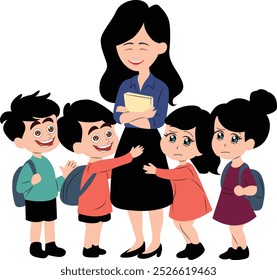Young woman teacher standing and embracing children pupils