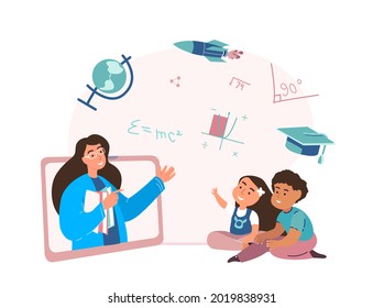 Young Woman teacher Tutor explaining to Girl Kid new math formulas in Laptop Online Video.Child learn,study on Distance Learning.Flat vector illustration,pedagogue,pupil isolated on white background