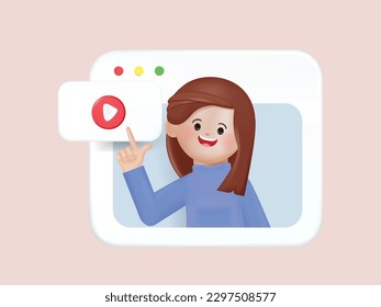 Young woman teacher, webinar, online conference, online learning, lectures and training in internet. 3d render cartoon vector design.