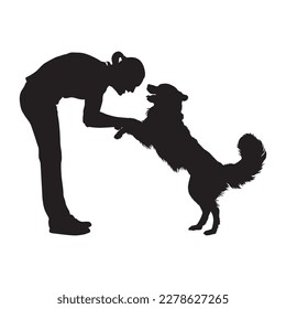 Young woman teaching cute dog vector silhouette.