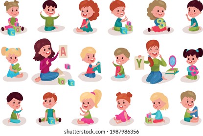 Young Woman Teaching and Kid Learning Alphabet Letters Vector Illustration Set