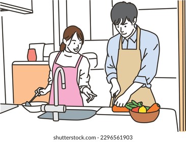 Young woman teaching man how to cook while cooking in the kitchen