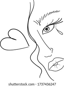 Young woman with tear and heart vector sketch. Fashion illustration.Girl face with tear hand drawing