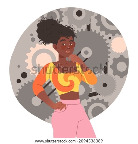 Young woman with technical type of thinking. Human mental mindset, personality emotions concept cartoon vector illustration