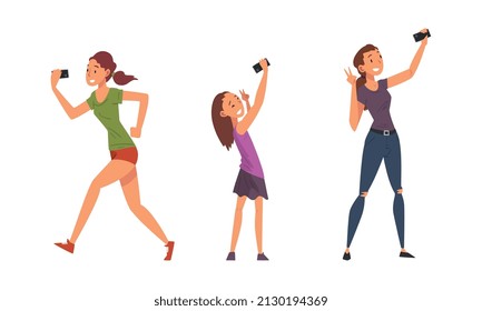 Young Woman and Teen Girl Holding Smartphone Having Video Call or Taking Selfie for Social Media Vector Set