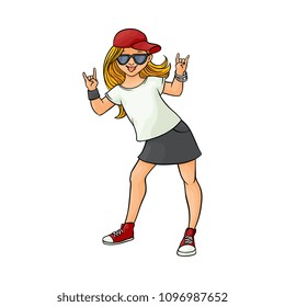 Young woman, teen girl showing rock sign gesture sticking out tongue. Heavy metal, punk rock music style clothing female character in sunglasses, cap and sneakers. Vector sketch illustration
