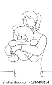 young woman or teenage girl cuddles a soft toy. one line drawing concept of affection for favorite child's toy, childhood memories, infantile purchase, tactile need, love for soft and cute things