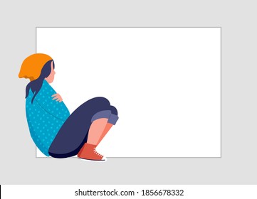 Young woman, teenage girl, suffering from psychological diseases, anxiety. Girl sitting sad by the window or wall