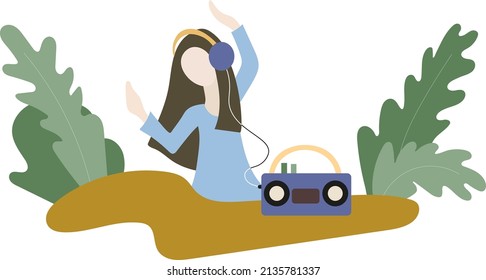 A young woman or teenager is enjoying music. She listens to music through headphones and dances. The tape recorder is on the table in front of her. Flat vector illustration