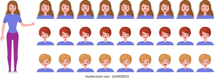 Young woman or teenager girl - cartoon character creation set, constructor. Isolated elements - full length person and portraits with different emotions (neutral, joy, anger, sadness, surprise) and ha