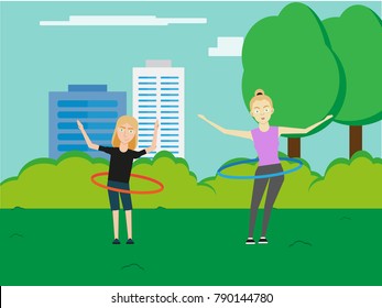 Young woman and teenager girl exercising with hula hoop in park. Sport, fitness, health, lifestyle and people concept illustration vector.
