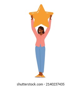 Young Woman or Teenager Girl Holding Yellow Star above Head Isolated on White Background. Customer Review and User Rate Service. Client Female Character Feedback. Cartoon People Vector Illustration