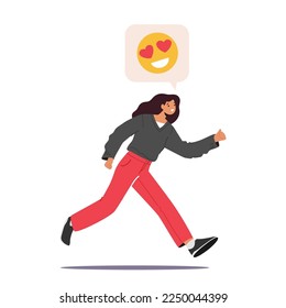 Young Woman or Teenager Girl Run with Yellow Heart Eyed Smile above Head Isolated on White Background. Female Character Giving Like in Social Media or Application. Cartoon People Vector Illustration