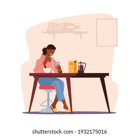 Young Woman or Teenager Having Breakfast with Smartphone in Hands, Girl Looking on Phone Screen Writing Messages in Internet. Gadget Addiction, Cellphone Communication. Cartoon Vector Illustration