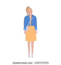 A young woman, a teenager stands with a handbag. Portrait of a cute student with a fun hairstyle. Flat vector illustration.