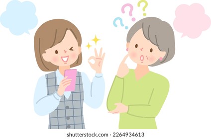 Young woman telling senior woman in need by searching on smartphone