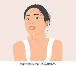 Young woman with tender, radiant skin. Woman taking care of her skin. Vector illustration.