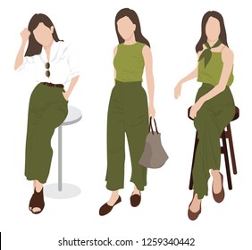 A young woman in 'Terrarium Moss' and 'Pepper Stem' A Green color of Pantone's 2019 casual outfit. Looking glamour, attractive and charming for chill out  - vector. 