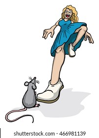 young woman terrified, afraid of a tiny mouse, isolated on white, vector illustration