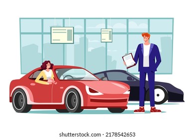 Young woman testing a car in a car showroom