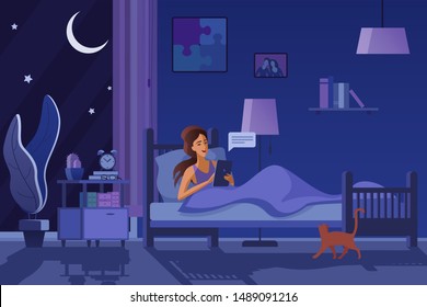 Young woman texting at night flat vector illustration. Girl in bed, sending messages, chatting online drawing. Evening room interior design. Smiling female cartoon character using tablet, cat sleeping