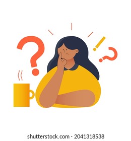 Young Woman Think and Consider. Modern Flat Vector Illustration. Social Media. Question Marks and Cup with Hot Drink. Business Topics. Development, Web Template.