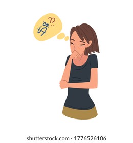 Young Woman Thinking about Money, Thoughtful Girl with Speech Bubble Vector Illustration on White Background