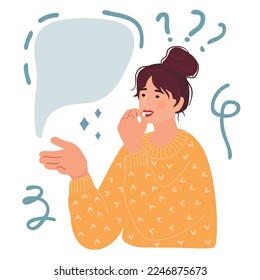 Young woman thinking about a problem.Female character shows the complexity of the choice with gestures. A girl in a yellow jumper and a speech bubble.Cartoon flat style vector illustration on white.