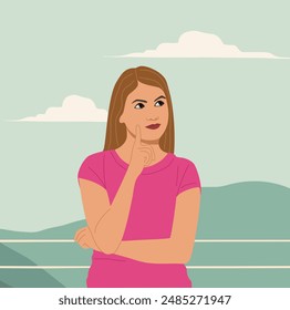 Young woman thinking about problems. Thoughtful person in thoughts, difficulty, troubled face expression. Puzzled girl pondering, doubting. Cartoon vector illustration.