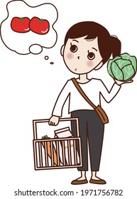 A young woman thinking about something and shopping basket   cabbage 