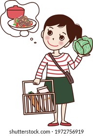 A young woman thinking about something and shopping basket   cabbage 