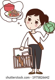 A young woman  thinking about something and shopping basket   cabbage 
