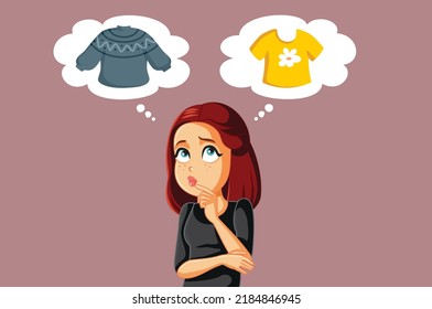 
Young Woman Thinking about Wearing a Sweater or a Shirt. Fashion girl deciding what to wear on warm or cold weather season
