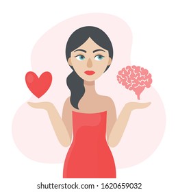 A young woman is thinking about what decision to make. The concept of choice.The heart or the brain.Doubts, worries.Flat vector illustration on white background.