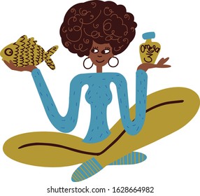 A young woman is thinking about what decision to make. The concept of choice.The sea fish or biologically active additive. Doubts, worries. Flat vector illustration on white background