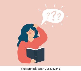 Young woman thinking about what she has read in the book and ask questions. Confused girl with speech bubble above concerning the book. Research and learning concept. Vector stock