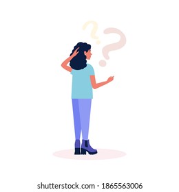 Mujer joven pensando. Personaje con signos de interrogación sobre su cabeza. Ilustración vectorial en un estilo plano