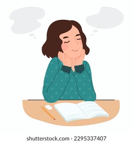 Young woman thinking, daydreaming of future while study or reading. Smile girl putting hands under chin with bubble speech. Flat vector, Illustration isolated on white background.