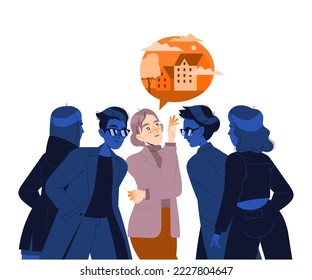 Young Woman Thinking of Emigration and Changing Place of Living with Surrounded People Listening Vector Illustration