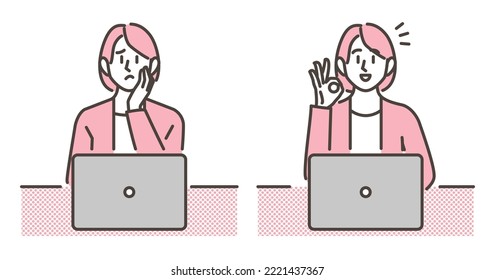 Young woman thinking in front of her laptop and happy to have her problems solved [Vector illustration].